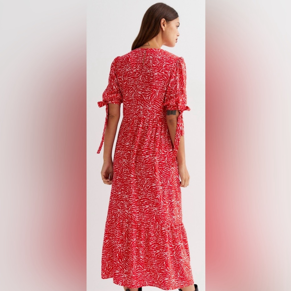 New Look Red Animal Print Tie Sleeve Tiered Midi Dress | NWT | Sz 4 - Picture 2 of 8